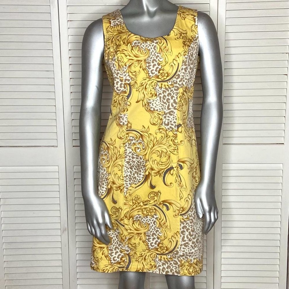 Vintage 90s Moda Spiegel Yellow Baroque & Leopard Print Shift Sleeveless Dress 6